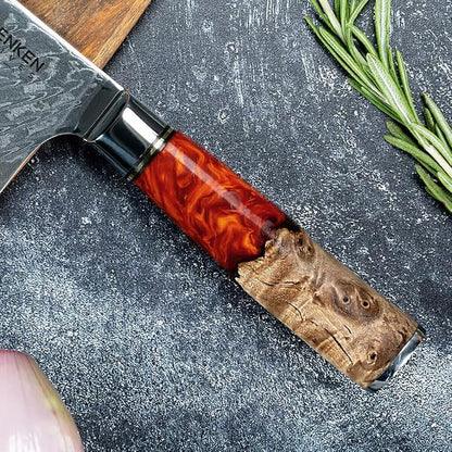 SENKEN Damascus Steel Chef's Knife - Tsunami Collection - 67-Layer Japanese VG10 Steel Core - Unique Blue Resin & Natural Wood Handle, Razor Sharp, Beautiful Damascus Wave Pattern (Red)