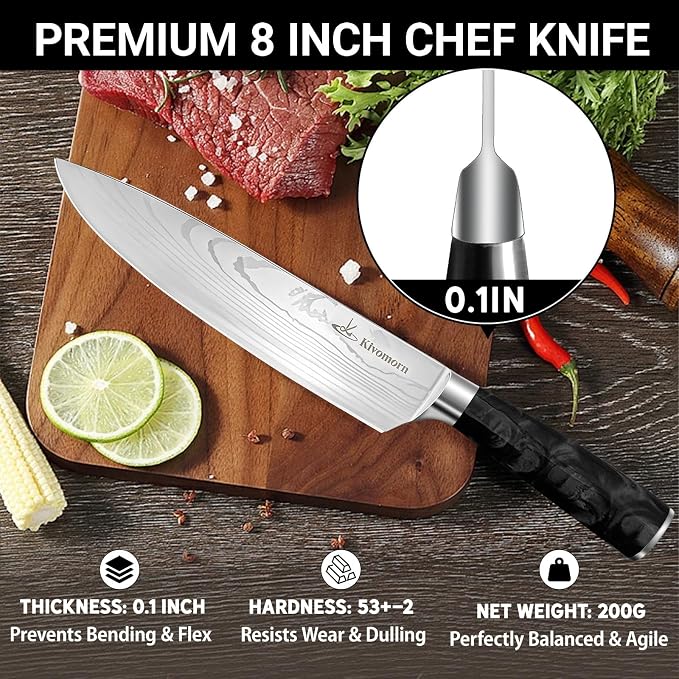 Chef Knife, 8 Inch Professional Chef's Knife with Ergonomic Resin Handle, Stainless Steel Sharp Kitchen Knives for Cooking, Perfect Gifts for Chefs Husband Men Him (Black)