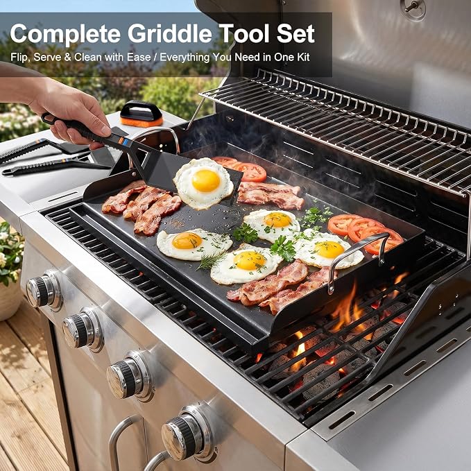 25" x 16" Cast Iron Griddle for Gas Grill with Silicone Griddle Tool Kit, Pre-Seasoned Grill Griddle for Gas/Charcoal Grills, Flat Top Grill Accessories Set with Spatulas, Scraper Cleaning Brush