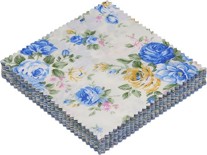 Nodsaw 42pcs 5" Vintage Blue Floral Cotton Fabric Squares - Precut Fabric Quilting Charm Pack - Assorted Print Quilt Fabric Squares 5x5 inch for Sewing, DIY Crafts, and Home Decor, Sunshine Blooms