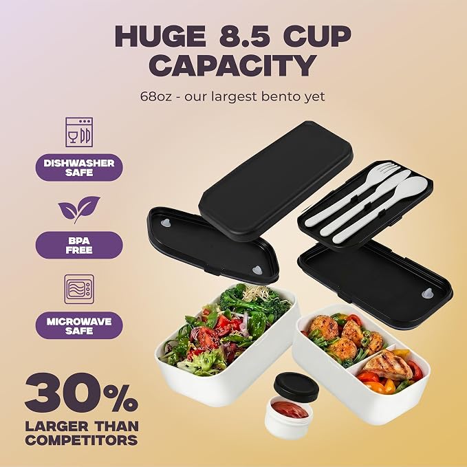 KARRICO Double Premium Bento Box Adult, 67 fl oz BPA-Free - Cream Stackable Lunch Box with Leak-Proof Lids & Dividers, Perfect for Meal Prep, Lunches & Portion Control