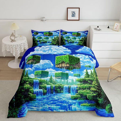 Manfei Pixelated Games Full Size Comforter Set,Pixel Grid Gamepad Bedding Comforters Bedroom Collection,Abstract Geometric Duvet Insert,Army Camo Room Decor 3 Pcs Bedding Set for Girls Teens