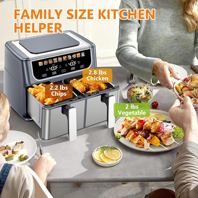 DUMOS Dual Air Fryer with 2 Baskets, 10-in-1 Large Airfryer 9QT with Ceramic Crisper Plate, Sync Finish & Match Cook, Shake Reminder, Wide Temperature 80-450°F, Roast Bake Defrost Dehydrate, Grey