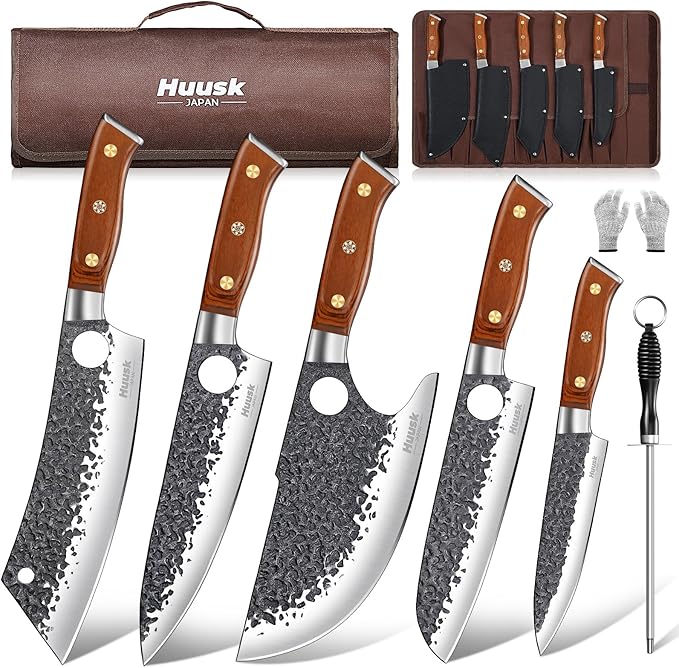 Huusk Butcher Knives for Meat, Hand Forged Carbon Steel Viking Kitchen Knife Set with Roll Bag, Meat Cleaver Chef Knife Sets for Cooking Camping BBQ, Gift for Men Husband