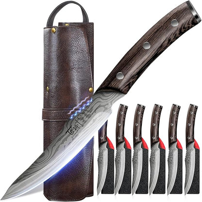 SYOKAMI Steak Knives Set of 6 with Portable Leather Roll & Individual Sheaths, 4.8 Inch Non Serrated Dinner Knives, High Carbon Stainless Steel, Full Tang Wood Handle, Gift Box for BBQ Outdoor Dining