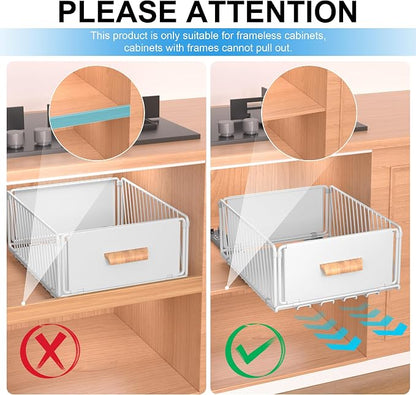 MEKOTRICIN Pull Out Cabinet Organizer, Slide Out Drawer Organizers Storage Fixed with Adhesive,Sliding Pantry Shelves with Handle for Kitchen Cupboard Bathroom Home, 11.8x6.7in, White