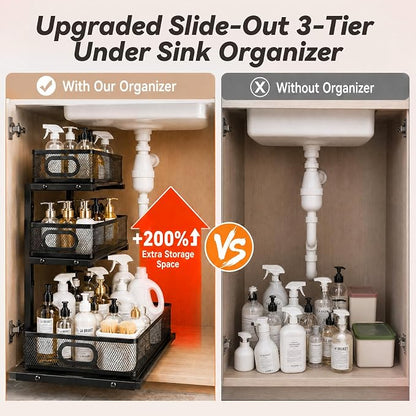 3-Tier Under Sink Organizer 2-Pack, Thickened Metal Pull out Cabinet Shelf, Height Adjustable Slide Out Drawer Storage Rack for Bathroom Kitchen Pantry Laundry Home Office Organization (Black)