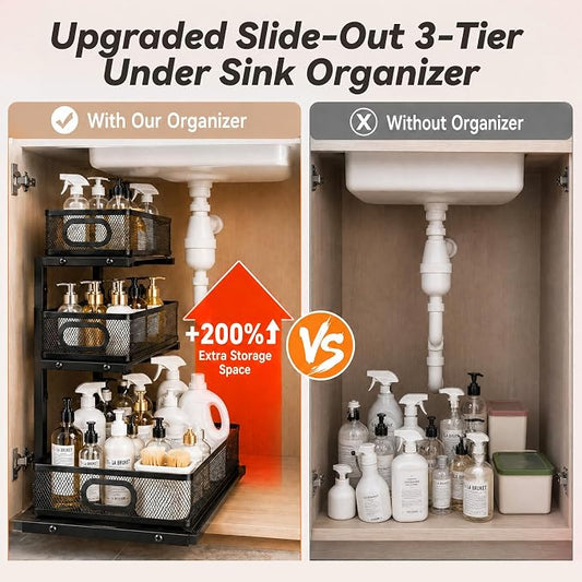 3-Tier Under Sink Organizer 2-Pack, Thickened Metal Pull out Cabinet Shelf, Height Adjustable Slide Out Drawer Storage Rack for Bathroom Kitchen Pantry Laundry Home Office Organization (Black)