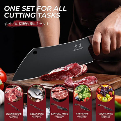 DRGSKL Kitchen Knife Set with Bag - 6 PCS Chef Knives Set - Cleaver, Boning, Fillet, Santoku, Kitchen Utility Knives, Chef Knife with Full Tang Wooden Handle, Gifts for Men and Women