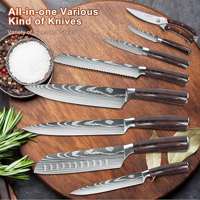 Dfito Kitchen Knife Set, 15 Pieces Knife Set with Block and Sharpener, High Carbon Stainless Steel Chef Knives Set with Red Pakkawood Handle for Home Cooking, Dishwasher Safe