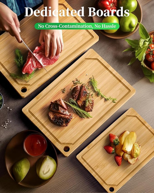 Kitchen Cutting Board Set - 3-Piece Wooden Cutting Boards for Kitchen with Juice Groove, Handles, Hang Holes, Stylish Kitchen Essentials for Chpping & Serving, Natural, 0.4"Th - (L+M+S)