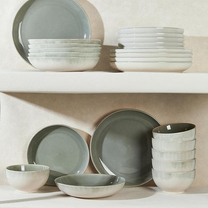 Pokini 24 Piece Double Bowl Dinnerware Sets with Pasta Bowls, Highly Chip and Crack Resistant Plates and Bowls Sets, Natural Earthyware Ceramic Dishware Sets, Service for 6 Gradient Green