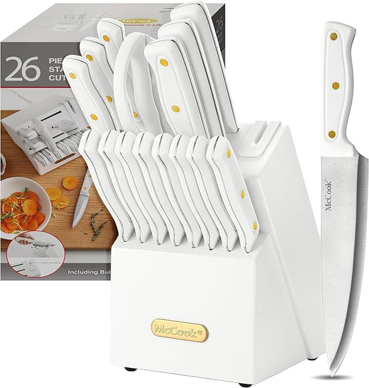 McCook® Knife Sets, White High Carbon Stainless Steel Kitchen Knife Sets with with Built-in Sharpener, 26-Piece Razor-Sharp Kitchen Knives with Ergonomic Handles, Elegant Box for Gift, White