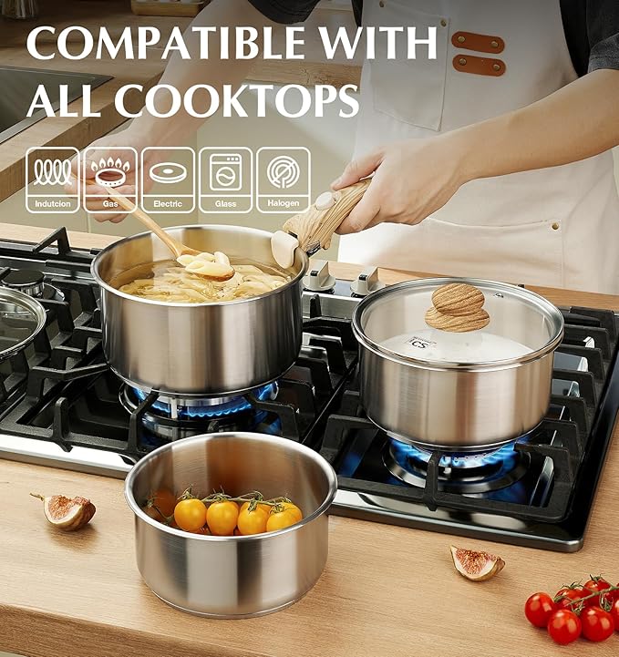 KOCH SYSTEME CS 18/10 Stainless Steel Saucepan Set Removable Handle, 1.5QT & 2QT & 3QT Sauce Pan with Lids, 6pcs Sauce Pot Detachable Handle, Induction Ready, Camping Cookware Set, Father Day Gifts