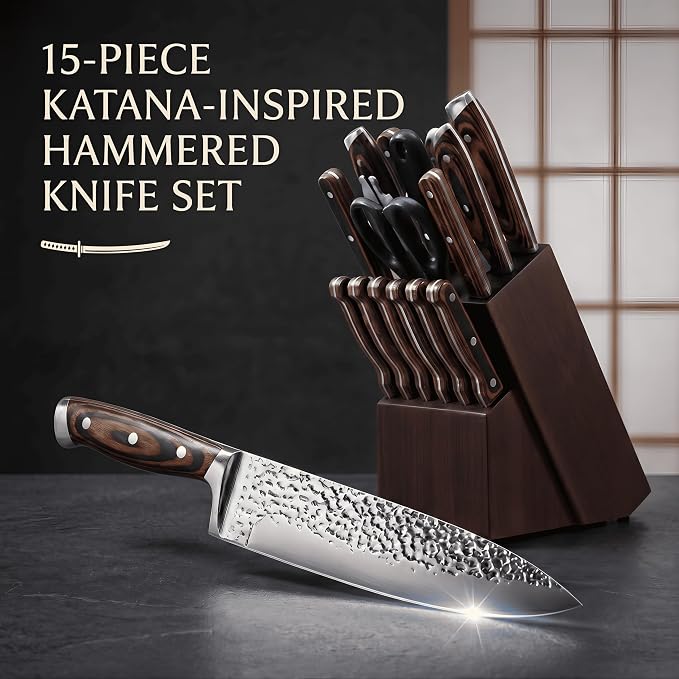 Methway Knife Set, 15-Piece Kitchen Knife Set with Block, High Carbon Stainless Steel Japanese Knife Set, Sharp Hammered Finish, Full Tang, Ergonomic Wood Grain Handle, Dishwasher Safe, Brown