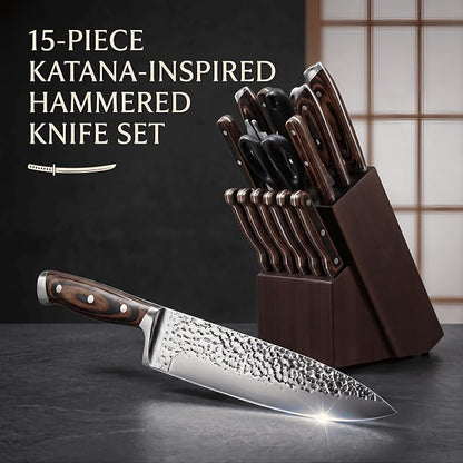Methway Knife Set, 15-Piece Kitchen Knife Set with Block, High Carbon Stainless Steel Japanese Knife Set, Sharp Hammered Finish, Full Tang, Ergonomic Wood Grain Handle, Dishwasher Safe, Brown
