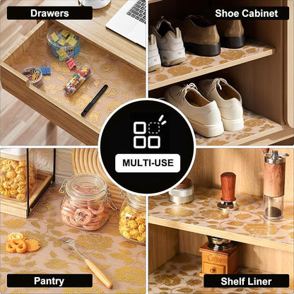 INNOLITES Shelf Liner for Cabinets, Non-Adhesive for Kitchen Drawer Liner, Waterproof Shelf Paper with Floral Pattern, Durable Easy to Clean (Golden Rose, 17.5" x 360")