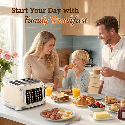 RONGBEST Retro 4 Slice Touch Screen Toaster with Stainless Steel Wide Slot, Reheat & Defrost Bagel for Family Breakfast Bread, 6 Browning Levels, Removable Crumb Tray, Cream Color