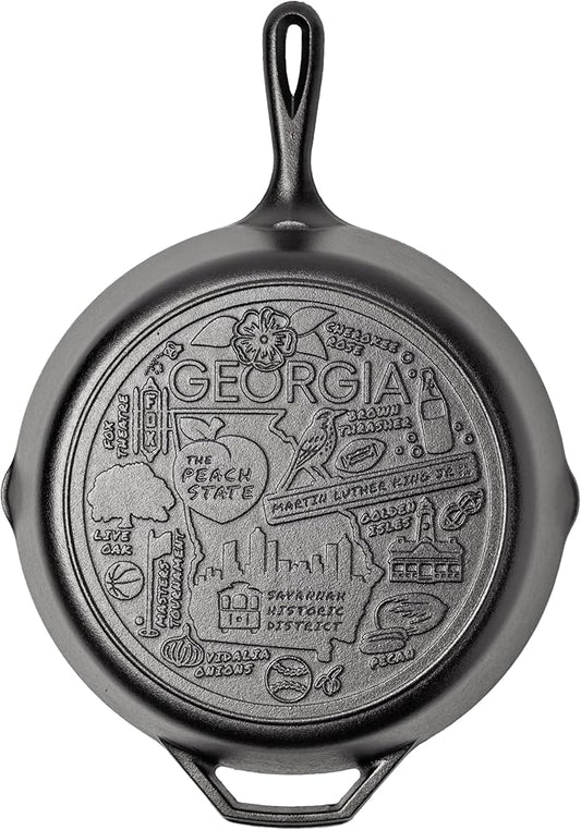 Lodge 12 Inch Cast Iron Skillet – Pre-Seasoned Frying Pan with Teardrop Handle – Oven, Stovetop, Grill & Campfire Use – Made in USA – Non-Toxic, Even-Heating Cookware – Georgia
