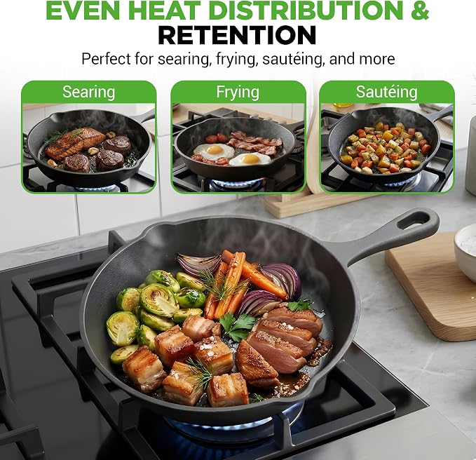 NutriChef Pre-Seasoned Cast Iron Skillets - 3 Pieces Cast Iron Cookware Set w/Drip Spout and Scraper - Compatible with Induction, Electric Stovetop, Gas, & Ceramic - NCCI76