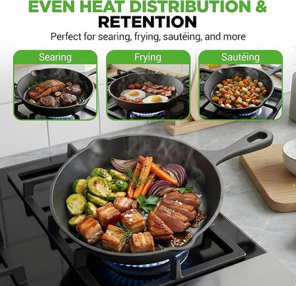 NutriChef Pre-Seasoned Cast Iron Skillets - 3 Pieces Cast Iron Cookware Set w/Drip Spout and Scraper - Compatible with Induction, Electric Stovetop, Gas, & Ceramic - NCCI76