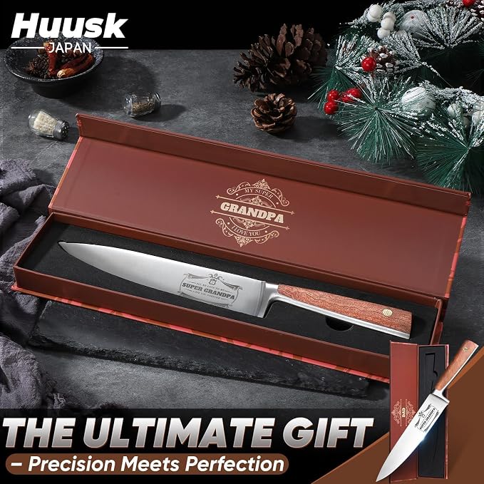 Huusk Birthday Gifts for Grandpa - Premium 8” Chef knife with Ergonomic Handle, Engraved SUPER GRANDPA Birthday Gift for Grandpa, Kitchen Cooking Knife with Gift Box Christmas Gift for Men and Women
