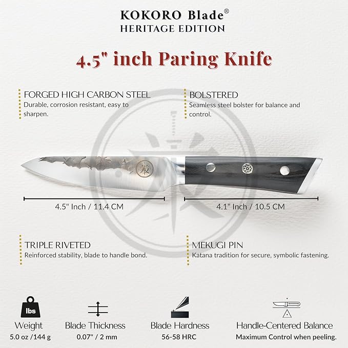 4.5” Professional Paring Knife – Hand Forged Small Kitchen Knife with Dark Wood Handle, Razor Sharp, Full Tang – from British Fusion Atelier KOKORO – A Thoughtful Gift for Cooks and Foodies
