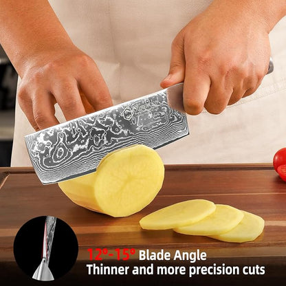 Sunnecko Kitchen Knife Japanese Damascus Nakiri Knife 7 Inch, Sharp Chopping Knife for Cutting Vegetable, Meats, Fruits