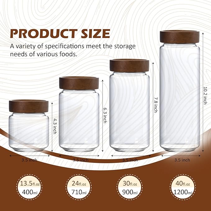 13.5 fl oz/400 ml Glass Jar with Airtight Wooden Screw Top Lid, Clear Stackable Food Storage Canister, Small Cute Decorative Glass Container for Coffee, Candy, Cookie, Sugar, Oatmeal, Salt