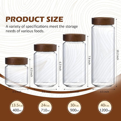 24 fl oz/710 ml Glass Jar with Airtight Wooden Screw Top Lid, Clear Stackable Food Storage Canister, Medium Cute Decorative Glass Container for Coffee, Candy, Cookie, Sugar, Oatmeal, Spice