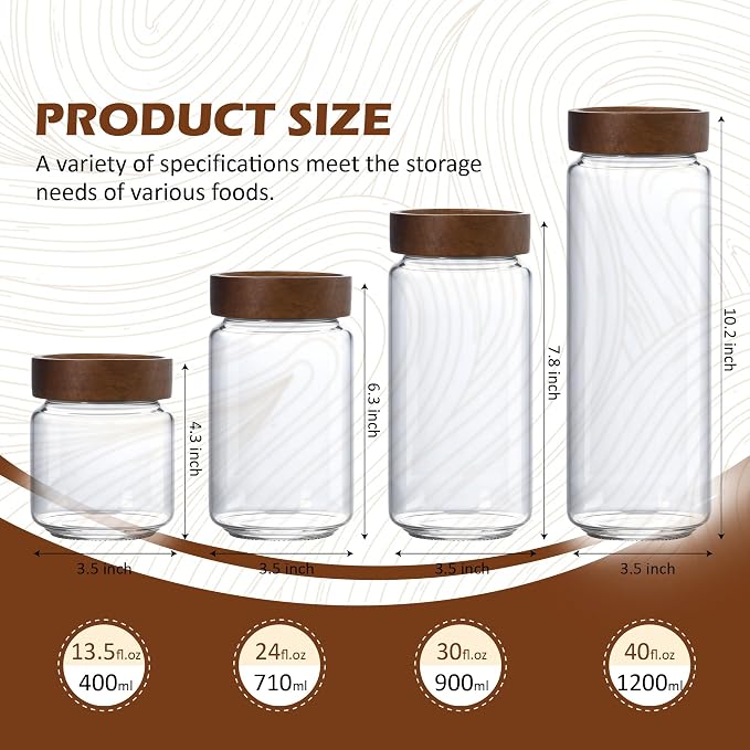 40 fl oz/1200 ml Glass Jar with Airtight Wooden Screw Top Lid, Clear Stackable Food Storage Canister, Large Tall Decorative Glass Container for Coffee, Candy, Cookie, Sugar, Oatmeal, Pasta