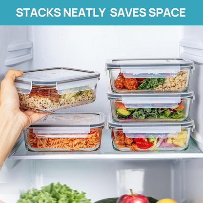 Vtopmart 5Pack 30oz Glass Storage Containers with Lids, Glass Meal Prep Food Container Sets with Snap Airtight Lid for Microwave, Oven, Freezer and Dishwasher, Grey