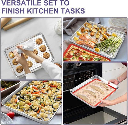 TeamFar Stainless Steel Baking Sheet, 12.5inch Baking Pans Cookie Sheets for Baking with Cooling Rack & Silicone Baking Mat - 2 Sheet Pans + 2 Roasting Racks + 2 Silicone Mats, Non Toxic, Easy Clean