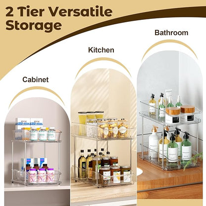 Incostar 2 Tier Pull-Out Organizer for Bathroom Kitchen, Under Sink Storage with Dividers, Ideal for Cabinet, Cupboard Organization, Slide-Out Clear Storage, 2 Pack