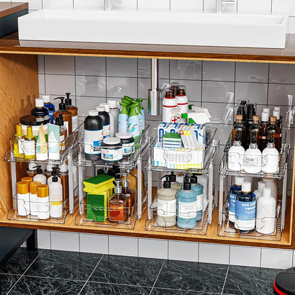 SuoXing 2 Pack 2 Tier Under Cabinet Bathroom Storage,Large 12.4″ Deep Under Sink Organization With Dividers,Clear Pull Out Organizers for Kitchen,Undersink Storage for Hair Products,Towel and Makeup