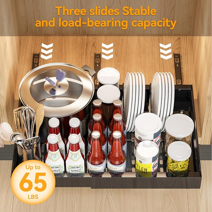 2 Pack Expandable Pull Out Cabinet Organizer Adhesive, 21" Deep Slide Out Drawers for Kitchen Cabinets,With 8pcs Divider Racks For Kitchen Pantry Organization Adjustable Width 12.6"-20.9"