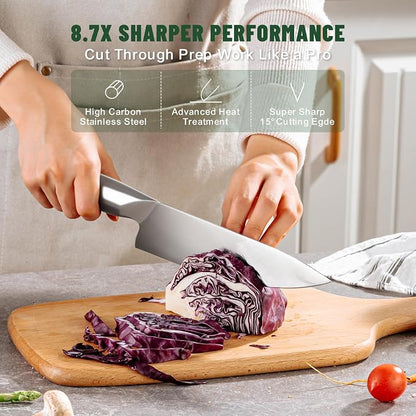 Knife Set, EWFEN 14-Piece Kitchen Knife Set with Block, German Stainless Steel Knives with Built-in Knife Sharpener, Anti-Slip Sharp Knives Set for Kitchen, Dishwasher Safe, Curved Handle