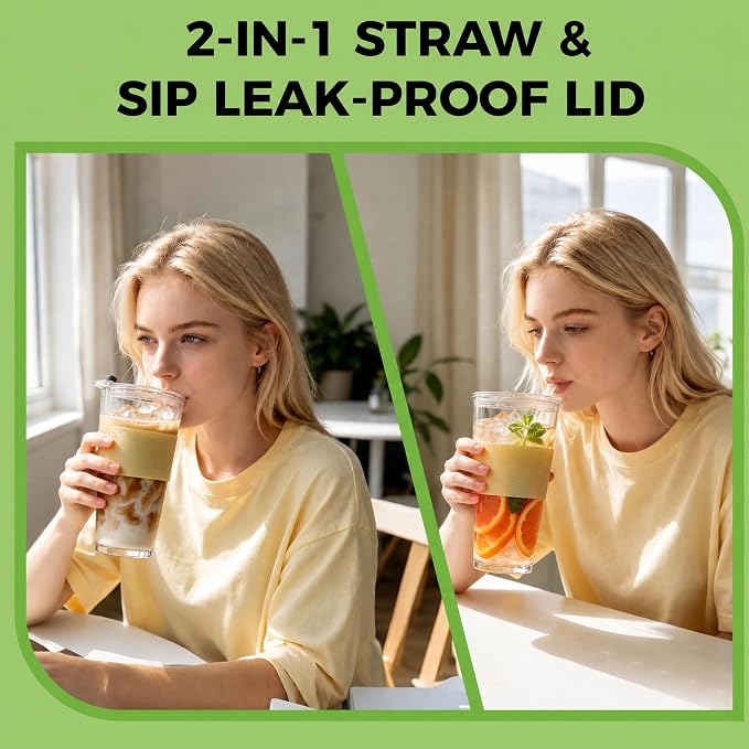 Birity 16oz Glass Cup with Lid and Glass Straw,Set of 2 Thickened Glass Coffee Tumblers with Silicone Sleeve,Reusable Iced Coffee Cups for Smoothie、Soda Water、Juice、MilkSshake、Travel Cup