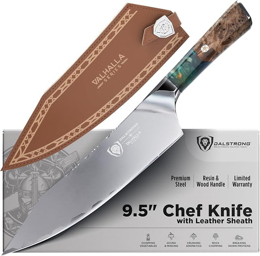 Dalstrong Chef Knife - 9.5 inch - Valhalla Series - 9CR18MOV HC Steel Kitchen Knife - White Resin & Wood Handle - Razor Sharp Chef's Knife - Kitchen Knife - Professional Cooking - w/Leather Sheath