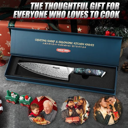 Huusk Japanese Chef Knife, 8" Stainless Kitchen Knife with Ergonomic Resin Handle & Sheath, Sharp Kitchen Knives Full Tang, Japanese High Carbon Steel Cooking Knifes, Fathers' Day Gift Idea for Dad