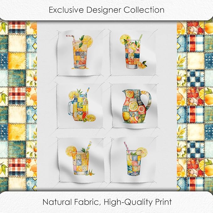 Summer Lemon Patchwork Cotton Fabric Panel – Six 10×10 inch Designs + Bonus 29.5×19.6 inch Patchwork Sheet, 100% Turkish Cotton 140 GSM