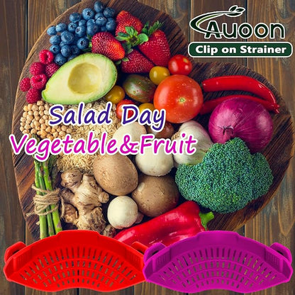 AUOON Clip On Strainer Silicone for All Pots and Pans, Pasta Strainer Clip on Food Strainer for Meat Vegetables Fruit Silicone Kitchen Colander (Purple)