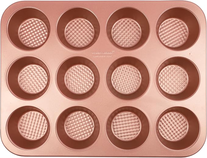 David Burke 12-Cup Muffin Pan, Carbon Steel, PFTE & PFOA Free, Oven Safe, Diamond Textured Surface – Rose Gold
