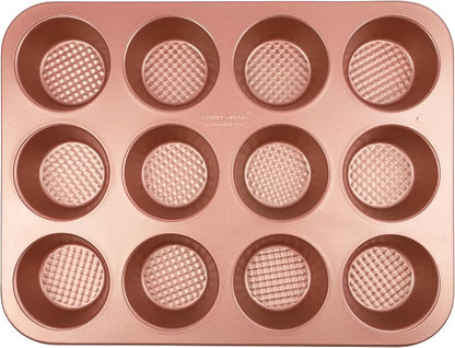 David Burke 12-Cup Muffin Pan, Carbon Steel, PFTE & PFOA Free, Oven Safe, Diamond Textured Surface – Rose Gold
