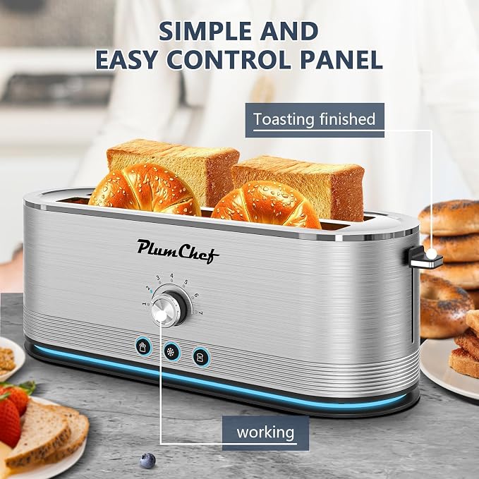 Plum chef 4-Slice Toaster, Extra Wide Long SIot Toaster, 7 Browning Settings,Defrost/Reheat Functions, Removable CrumbTray, Stainless Steel Housing,Anti-Fingerprint & Anti-Jam (Stainless Steel)