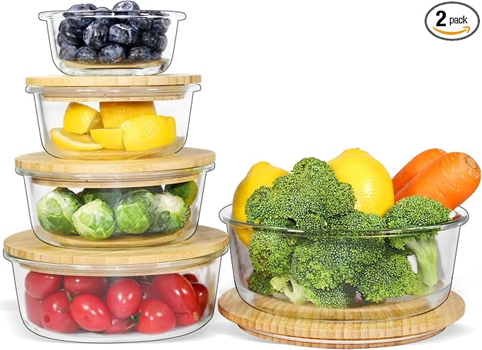 Urban Green Glass Food Container with Bamboo Lid, Airtight food storage Containers set, Glass Meal Prep Containers Set of 5, Dishwasher & Oven Safe