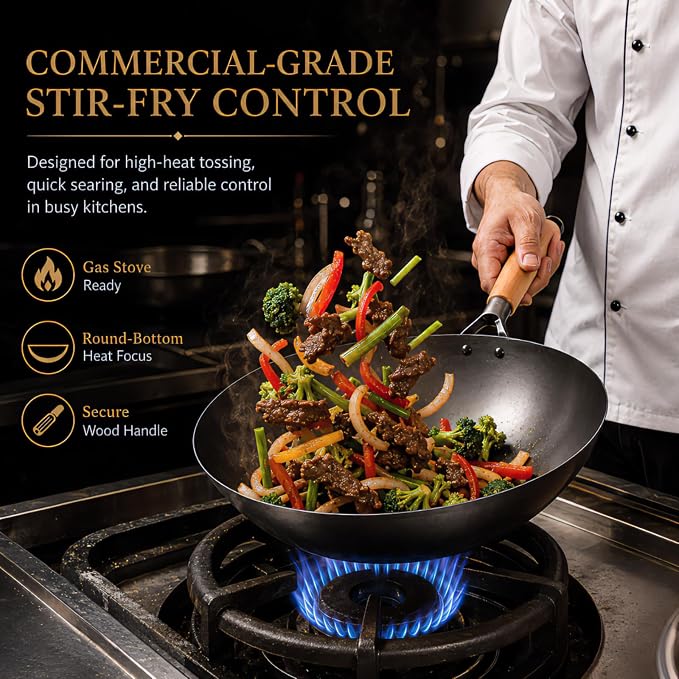 Calmabode 13” Large Round Bottom Carbon Steel Wok with Glass Lid | Large traditional Chinese round-bottom wok for gas stoves, nitrided carbon steel, glass lid, ideal for family stir-fry