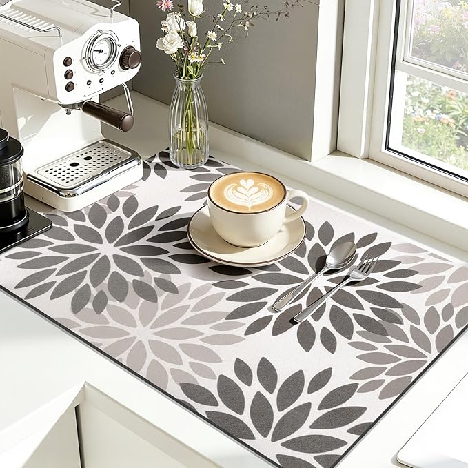 Findosom Floral Dish Drying Mat, 12" x 20" Super Absorbent & Hide Stain Coffee Mat, Cuttable Drying Mat for Kitchen Counter, Under Dish Rack, Coffee Maker, Espresso Machine, Dark Gray