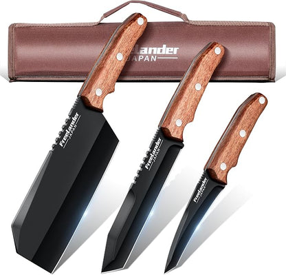 Freelander Butcher Knife Set 3 PCS, Japanese Chef Knife Set with Roll Bag, Full Tang Meat Cleaver for Kitchen & Camping & BBQ, Gift for Men