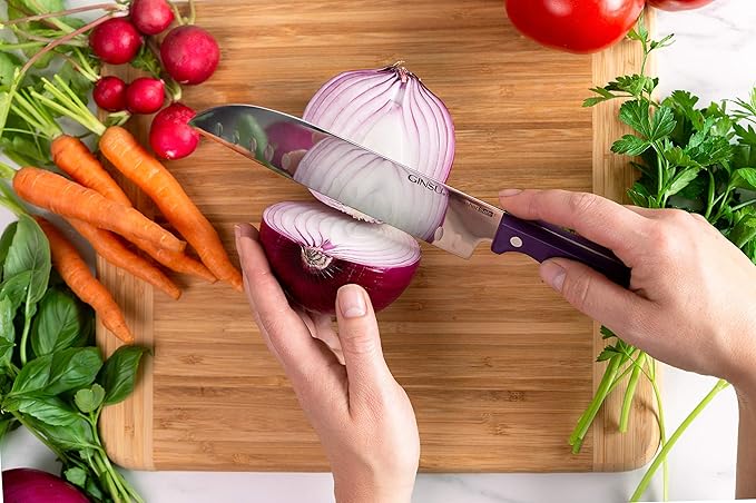 Ginsu Kiso 14-Piece Purple Knife Set with Black Block - Dishwasher Safe and Always Sharp